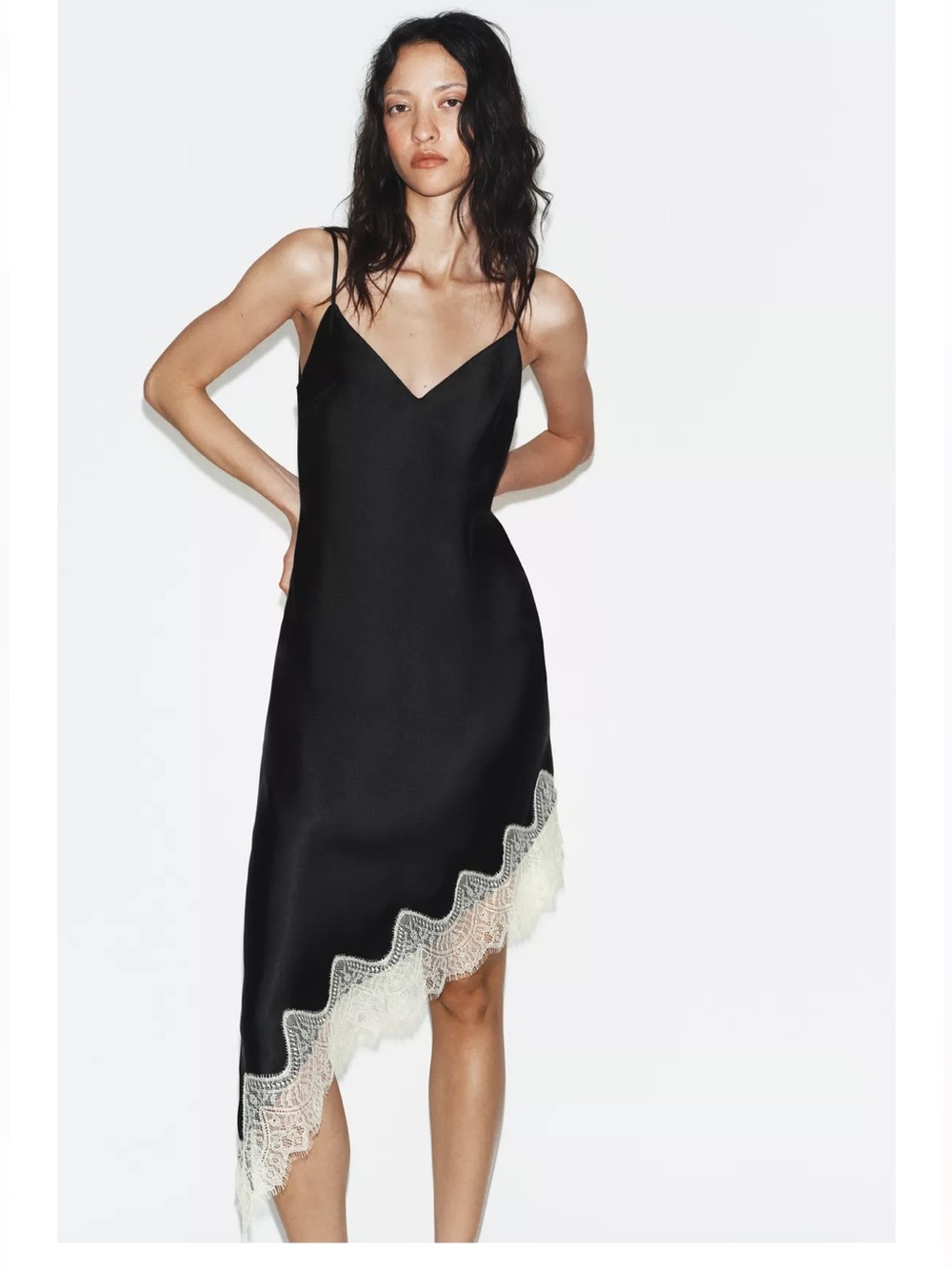 Zara Black Slip Dress with Cream Lace Asymmetrical Hem - Picture 2 of 10